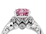Fancy Pink Cushion Cut Diamond Filigree Halo Engagement Ring Set in Silver with Prong Setting
