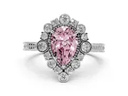 Fancy Pink Pear Cut Diamond Halo Milgrain Pavé Ring Set in Platinum with Prong Setting