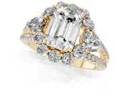 Emerald Cut Diamond Halo Split Shank Engagement Ring Set in Yellow gold with Prong-Held Center Stone