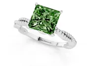 Fancy Green Princess Cut Diamond Solitaire Ring Set in Platinum with Twisted Band and Bead Prong Setting