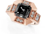 Fancy Black Asscher Cut Diamond Milgrain Halo Ring Set in Rose gold with Split Shank