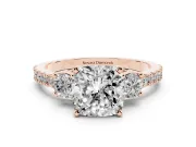 Cushion Cut Three Stone Pavé Engagement Ring Setting | Round Side Stones | Rose Gold