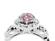 Fancy Pink Marquise Cut Diamond Halo Ring Set in White gold with Scrollwork Band and Prong Setting