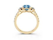 Fancy Blue Cushion Cut Diamond Three-Stone Ring Set in Yellow gold with Round Side Stones and Delicate Pavé Band