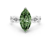 Fancy Green Marquise Cut Diamond Twist Band Solitaire Ring Set in Silver with Leaf Prong Setting and Accent Stones