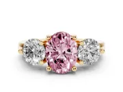 Oval Three Stone Engagement Ring Setting for a Fancy Pink Lab-Grown Diamond | Open Prong Baskets | Yellow Gold