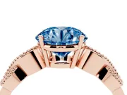 Fancy Blue Round Cut Diamond Milgrain Leaf Band Solitaire Ring Set in Rose gold with Accent Stones and Prong Setting