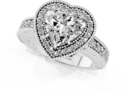 Heart-Shaped Vintage Milgrain Halo Engagement Ring Setting | Carved Leaf Detail | Sterling Silver
