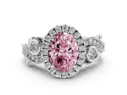 Fancy Pink Oval Cut Diamond Halo Ring Set in Platinum with Milgrain Pavé Band and Prong Setting