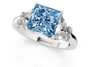 Fancy Blue Princess Cut Diamond Solitaire Floral Ring Set in White gold with Marquise Petals and Prong Setting