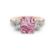 Fancy Pink Three-Stone Radiant Cut Diamond Pavé Band Ring Set in Rose gold with Prong-Set Trio