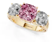 Cushion Cut Three Stone Engagement Ring Setting for a Fancy Pink Lab-Grown Diamond | Beaded Shoulders | Yellow Gold