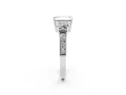 Emerald Cut Diamond Three-Stone Ring Set in Platinum with Round Side Stones and Pavé Band