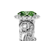 Fancy Green Oval Cut Diamond Halo Ring Set in Platinum with Milgrain Pavé Band and Prong Setting