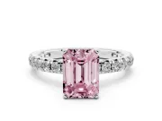 Fancy Pink Emerald Cut Diamond Pavé Solitaire Ring Set in Platinum with Round Band and Prong Setting