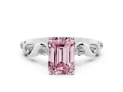 Fancy Pink Emerald Cut Diamond Solitaire Ring Set in White gold with Ribbon Twist Band, Round Accents and Prong Setting