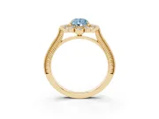 Fancy Blue Pear Cut Diamond Halo Milgrain Pavé Ring Set in Yellow gold with Prong Setting