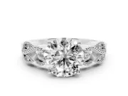 Round Cut Diamond Milgrain Leaf Band Solitaire Ring Set in Silver with Accent Stones and Prong Setting