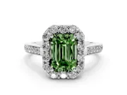 Fancy Green Emerald Cut Diamond Floral Halo Ring Set in Silver with Pavé Band and Prong Setting