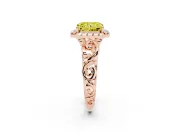 Fancy Yellow Radiant Cut Diamond Halo Ring Set in Rose gold with Scrollwork Band and Prong Setting