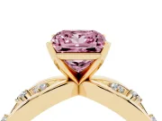 Fancy Pink Princess Cut Diamond Solitaire Ring Set in Yellow gold with Side Stones on Criss-Cross Band and Prong Setting