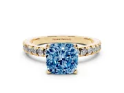 Fancy Blue Cushion Cut Diamond Pavé Band Solitaire Set in Yellow gold with Prong Setting