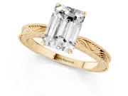 Emerald Cut Diamond Solitaire Milgrain Engraved Band Set in Yellow gold with Prong Setting