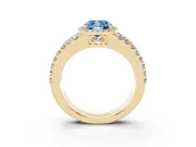Fancy Blue Cushion Cut Diamond Halo Ring Set in Yellow gold with Pavé Split Shank and Prong Setting