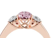 Fancy Pink Three-Stone Pear Cut Diamond Ring Set in Rose gold with Matching Prong Settings and Plain Band