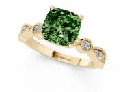 Fancy Green Cushion Cut Diamond Solitaire Engagement Ring Set in Yellow gold with Milgrain Bezel Accent Band