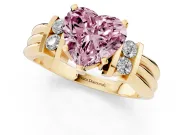 Fancy Pink Three-Stone Heart Cut Diamond Channel Set Ring Set in Yellow gold with Bar Prongs