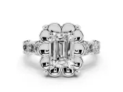 Emerald Cut Floral Engagement Ring Setting | Petal Frame and Side Stones | White Gold