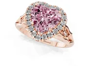 Fancy Pink Heart Cut Diamond Halo Engagement Ring Set in Rose gold with Filigree Band and Prong-Set Center
