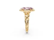 Fancy Pink Marquise Cut Diamond Halo Ring Set in Yellow gold with Scrollwork Band and Prong Setting
