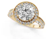 Round Vintage Milgrain Halo Engagement Ring Setting | Side Stones and Pave | Yellow Gold