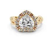 Heart Cut Diamond Halo Ring Set in Yellow gold with Scrollwork Band and Prong Setting