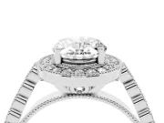 Oval Cut Diamond Milgrain Halo Solitaire Ring Set in Silver with Bezel Set Side Stones and Pavé Band