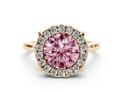 Round Halo Engagement Ring Setting for a Fancy Pink Lab-Grown Diamond | Claw Corners | Yellow Gold