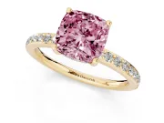 Fancy Pink Cushion Cut Diamond Pavé Band Ring Set in Yellow gold with Prong-Set Center Stone