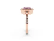 Fancy Pink Emerald Cut Diamond Halo Engagement Ring Set in Rose gold with Milgrain Pavé Band