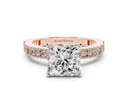 Princess Cut Diamond Solitaire Ring Set in Rose gold with Slim Pavé Band and Prong Setting