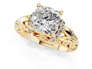 Cushion Cut Diamond Filigree Halo Engagement Ring Set in Yellow gold with Prong Setting