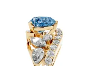 Fancy Blue Heart Cut Diamond Halo Ring Set in Yellow gold with Marquise and Pavé Band in Prong Setting
