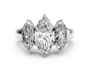 Three-Stone Marquise Cut Diamond Ring Set in White gold with Matching Prong Settings and Plain Band