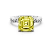 Fancy Yellow Asscher Cut Diamond Pavé Band Solitaire Set in White gold with Prong Setting