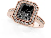 Fancy Black Radiant Cut Diamond Halo Engagement Ring Set in Rose gold with Pavé Band and Round Halo Stones