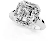 Asscher Cut Diamond Halo Ring Set in White gold with Cathedral Band and Prong Setting