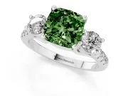 Fancy Green Three-Stone Cushion Cut Diamond Pavé Band Ring Set in White gold with Prong-Set Trio