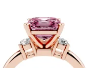 Fancy Pink Three-Stone Asscher Cut Diamond Ring Set in Rose gold with Prong Setting and Plain Band