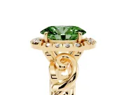 Fancy Green Oval Cut Diamond Halo Ring Set in Yellow gold with Scrollwork Band and Prong Setting